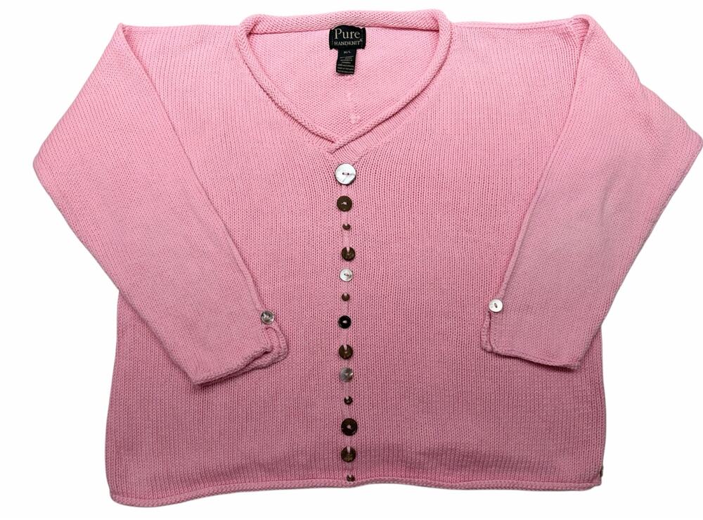 Pure Handknit M/L Pink Cotton Sweater Cardigan Button Boho Artsy lagenlook Canad